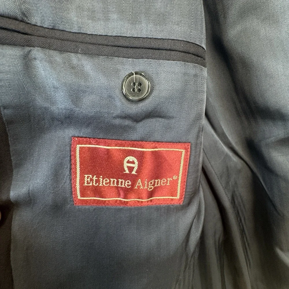 Etienne Aigner 100% Pure Wool Blazer Navy Blue 44R Made in Portugal Gold Buttons